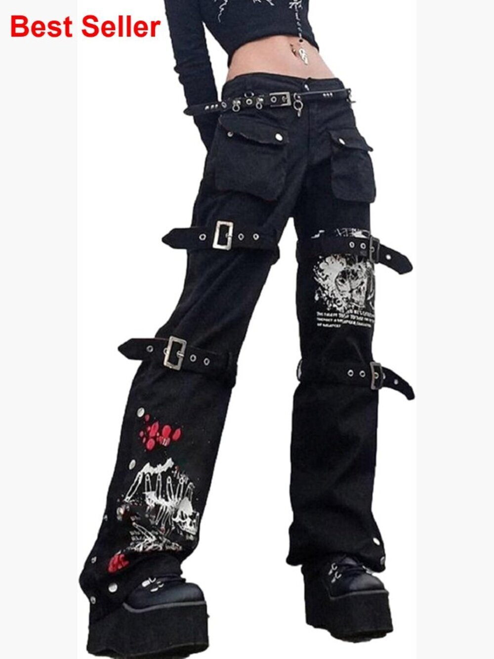Loose Low Waist Wide Leg Cargo Pants with Buckle and Zipper Details